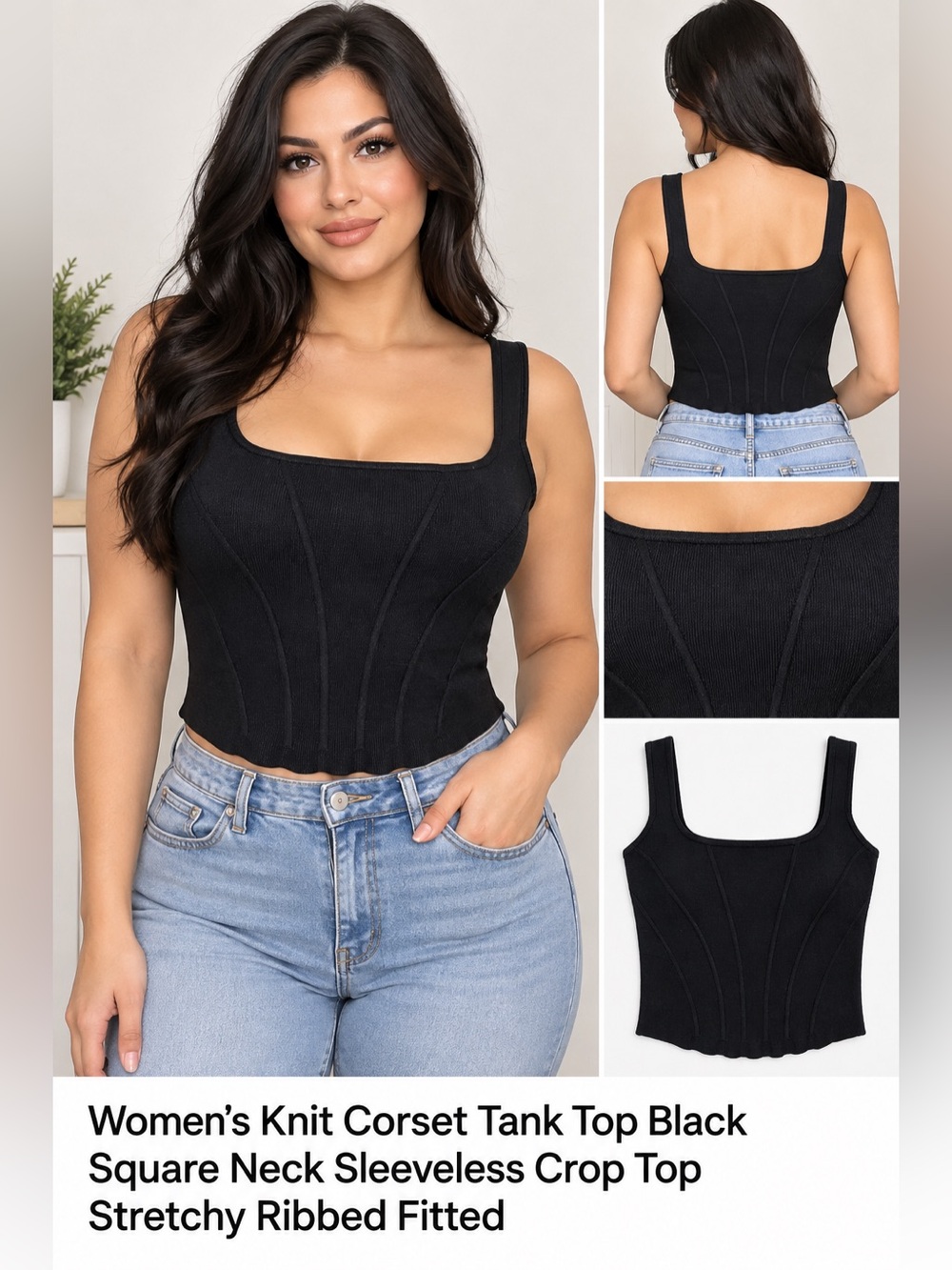 Good American Square Neck Contoured Cropped Tank Top - Black Sleeveless